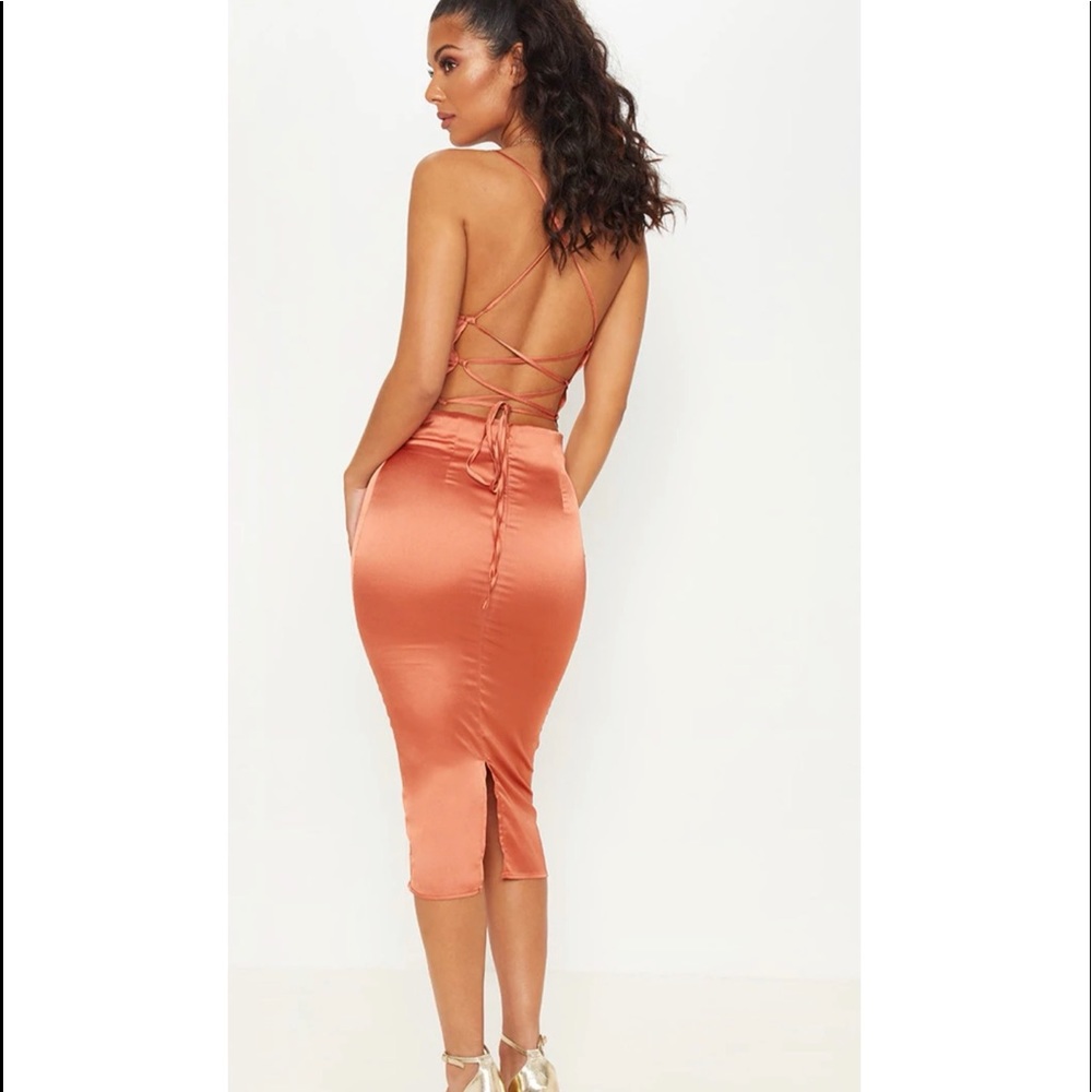 Rust Strappy Back Cowl Neck Satin Midi Dress